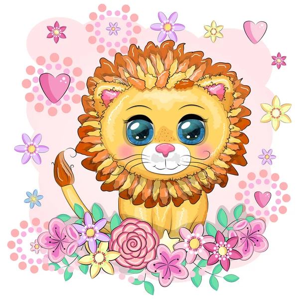 漫画中的狮子 长着一双流露的眼睛 长着花朵 野生动物 幼稚可爱的风格 — 图库矢量图片