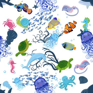 Deniz hayatı, balıklar, hayvanlar parlak, pürüzsüz desenler. Deniz yolculuğu, sualtı dalış yapan tropikal balıklar. Denizanası, balina, köpekbalığı, denizatı, palyaço balığı, yunus, kaplumbağa imparatoru balık ahtapot vatoz vatozu