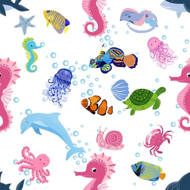 Deniz hayatı, balıklar, hayvanlar parlak, pürüzsüz desenler. Deniz yolculuğu, sualtı dalış yapan tropikal balıklar. Denizanası, balina, köpekbalığı, denizatı, palyaço balığı, yunus, kaplumbağa imparatoru balık ahtapot vatoz vatozu