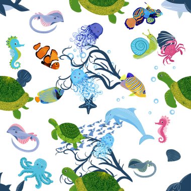 Deniz hayatı, balıklar, hayvanlar parlak, pürüzsüz desenler. Deniz yolculuğu, sualtı dalış yapan tropikal balıklar. Denizanası, balina, köpekbalığı, denizatı, palyaço balığı, yunus, kaplumbağa imparatoru balık ahtapot vatoz vatozu