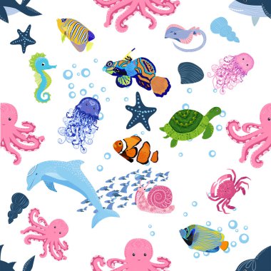 Deniz hayatı, balıklar, hayvanlar parlak, pürüzsüz desenler. Deniz yolculuğu, sualtı dalış yapan tropikal balıklar. Denizanası, balina, köpekbalığı, denizatı, palyaço balığı, yunus, kaplumbağa imparatoru balık ahtapot vatoz vatozu