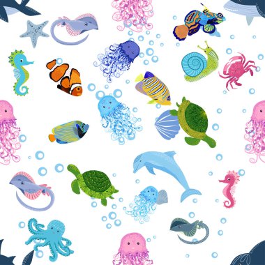 Deniz hayatı, balıklar, hayvanlar parlak, pürüzsüz desenler. Deniz yolculuğu, sualtı dalış yapan tropikal balıklar. Denizanası, balina, köpekbalığı, denizatı, palyaço balığı, yunus, kaplumbağa imparatoru balık ahtapot vatoz vatozu