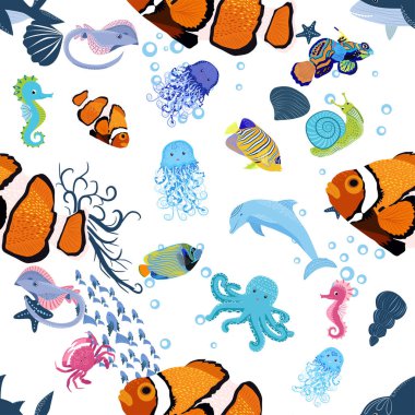 Deniz hayatı, balıklar, hayvanlar parlak, pürüzsüz desenler. Deniz yolculuğu, sualtı dalış yapan tropikal balıklar. Denizanası, balina, köpekbalığı, denizatı, palyaço balığı, yunus, kaplumbağa imparatoru balık ahtapot vatoz vatozu