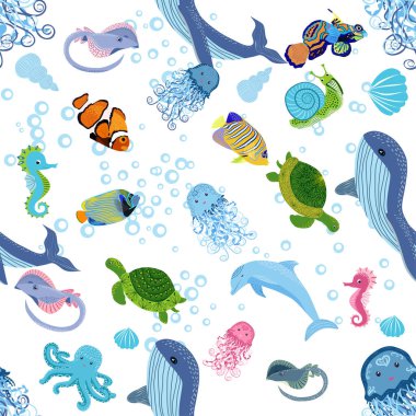 Deniz hayatı, balıklar, hayvanlar parlak, pürüzsüz desenler. Deniz yolculuğu, sualtı dalış yapan tropikal balıklar. Denizanası, balina, köpekbalığı, denizatı, palyaço balığı, yunus, kaplumbağa imparatoru balık ahtapot vatoz vatozu
