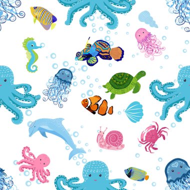 Deniz hayatı, balıklar, hayvanlar parlak, pürüzsüz desenler. Deniz yolculuğu, sualtı dalış yapan tropikal balıklar. Denizanası, balina, köpekbalığı, denizatı, palyaço balığı, yunus, kaplumbağa imparatoru balık ahtapot vatoz vatozu