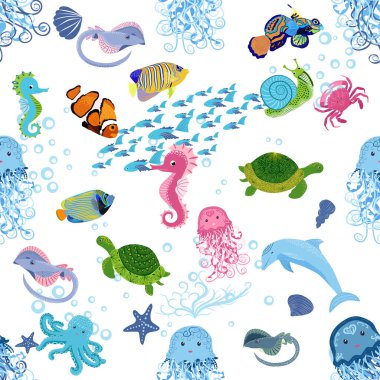 Deniz hayatı, balıklar, hayvanlar parlak, pürüzsüz desenler. Deniz yolculuğu, sualtı dalış yapan tropikal balıklar. Denizanası, balina, köpekbalığı, denizatı, palyaço balığı, yunus, kaplumbağa imparatoru balık ahtapot vatoz vatozu