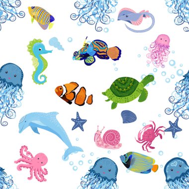 Deniz hayatı, balıklar, hayvanlar parlak, pürüzsüz desenler. Deniz yolculuğu, sualtı dalış yapan tropikal balıklar. Denizanası, balina, köpekbalığı, denizatı, palyaço balığı, yunus, kaplumbağa imparatoru balık ahtapot vatoz vatozu