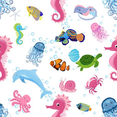 Deniz hayatı, balıklar, hayvanlar parlak, pürüzsüz desenler. Deniz yolculuğu, sualtı dalış yapan tropikal balıklar. Denizanası, balina, köpekbalığı, denizatı, palyaço balığı, yunus, kaplumbağa imparatoru balık ahtapot vatoz vatozu