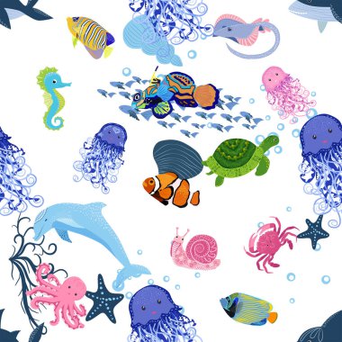 Deniz hayatı, balıklar, hayvanlar parlak, pürüzsüz desenler. Deniz yolculuğu, sualtı dalış yapan tropikal balıklar. Denizanası, balina, köpekbalığı, denizatı, palyaço balığı, yunus, kaplumbağa imparatoru balık ahtapot vatoz vatozu