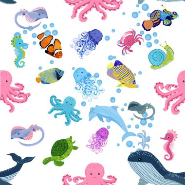 Deniz hayatı, balıklar, hayvanlar parlak, pürüzsüz desenler. Deniz yolculuğu, sualtı dalış yapan tropikal balıklar. Denizanası, balina, köpekbalığı, denizatı, palyaço balığı, yunus, kaplumbağa imparatoru balık ahtapot vatoz vatozu
