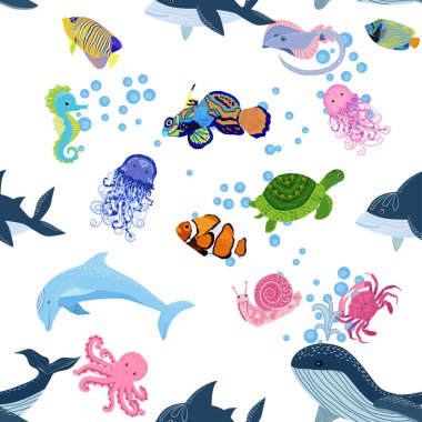 Deniz hayatı, balıklar, hayvanlar parlak, pürüzsüz desenler. Deniz yolculuğu, sualtı dalış yapan tropikal balıklar. Denizanası, balina, köpekbalığı, denizatı, palyaço balığı, yunus, kaplumbağa imparatoru balık ahtapot vatoz vatozu