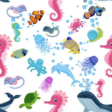 Deniz hayatı, balıklar, hayvanlar parlak, pürüzsüz desenler. Deniz yolculuğu, sualtı dalış yapan tropikal balıklar. Denizanası, balina, köpekbalığı, denizatı, palyaço balığı, yunus, kaplumbağa imparatoru balık ahtapot vatoz vatozu