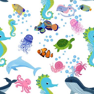 Deniz hayatı, balıklar, hayvanlar parlak, pürüzsüz desenler. Deniz yolculuğu, sualtı dalış yapan tropikal balıklar. Denizanası, balina, köpekbalığı, denizatı, palyaço balığı, yunus, kaplumbağa imparatoru balık ahtapot vatoz vatozu