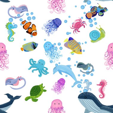 Deniz hayatı, balıklar, hayvanlar parlak, pürüzsüz desenler. Deniz yolculuğu, sualtı dalış yapan tropikal balıklar. Denizanası, balina, köpekbalığı, denizatı, palyaço balığı, yunus, kaplumbağa imparatoru balık ahtapot vatoz vatozu