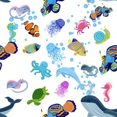 Deniz hayatı, balıklar, hayvanlar parlak, pürüzsüz desenler. Deniz yolculuğu, sualtı dalış yapan tropikal balıklar. Denizanası, balina, köpekbalığı, denizatı, palyaço balığı, yunus, kaplumbağa imparatoru balık ahtapot vatoz vatozu