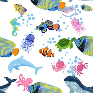 Deniz hayatı, balıklar, hayvanlar parlak, pürüzsüz desenler. Deniz yolculuğu, sualtı dalış yapan tropikal balıklar. Denizanası, balina, köpekbalığı, denizatı, palyaço balığı, yunus, kaplumbağa imparatoru balık ahtapot vatoz vatozu