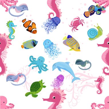 Deniz hayatı, balıklar, hayvanlar parlak, pürüzsüz desenler. Deniz yolculuğu, sualtı dalış yapan tropikal balıklar. Denizanası, balina, köpekbalığı, denizatı, palyaço balığı, yunus, kaplumbağa imparatoru balık ahtapot vatoz vatozu