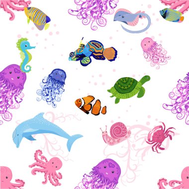 Deniz hayatı, balıklar, hayvanlar parlak, pürüzsüz desenler. Deniz yolculuğu, sualtı dalış yapan tropikal balıklar. Denizanası, balina, köpekbalığı, denizatı, palyaço balığı, yunus, kaplumbağa imparatoru balık ahtapot vatoz vatozu