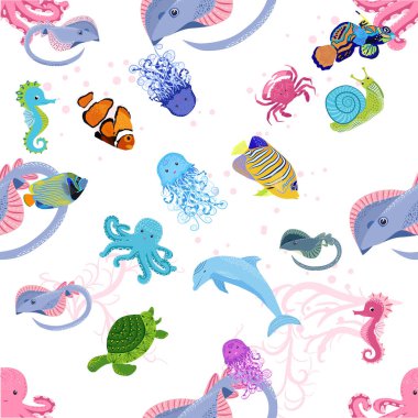 Deniz hayatı, balıklar, hayvanlar parlak, pürüzsüz desenler. Deniz yolculuğu, sualtı dalış yapan tropikal balıklar. Denizanası, balina, köpekbalığı, denizatı, palyaço balığı, yunus, kaplumbağa imparatoru balık ahtapot vatoz vatozu