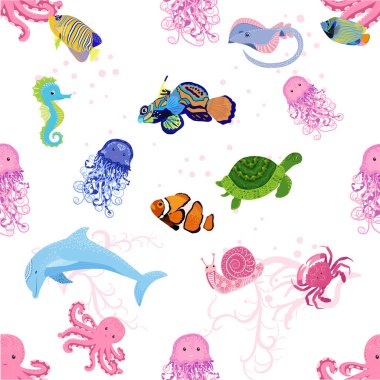 Deniz hayatı, balıklar, hayvanlar parlak, pürüzsüz desenler. Deniz yolculuğu, sualtı dalış yapan tropikal balıklar. Denizanası, balina, köpekbalığı, denizatı, palyaço balığı, yunus, kaplumbağa imparatoru balık ahtapot vatoz vatozu