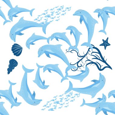 Yunus, deniz sakinleri kusursuz desen, deniz kabukları, algler, denizyıldızı, deniz yaban hayatı arasında güzel bir karakter..