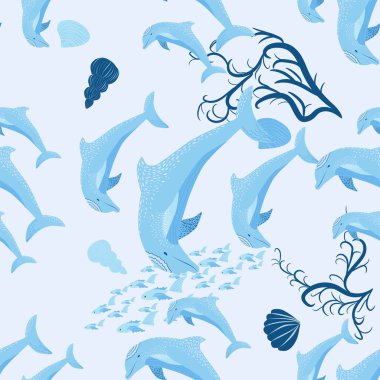 Yunus, deniz sakinleri kusursuz desen, deniz kabukları, algler, denizyıldızı, deniz yaban hayatı arasında güzel bir karakter..