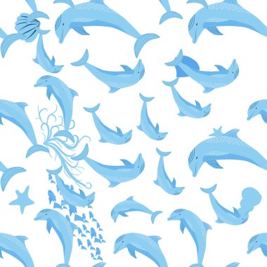 Yunus, deniz sakinleri kusursuz desen, deniz kabukları, algler, denizyıldızı, deniz yaban hayatı arasında güzel bir karakter..