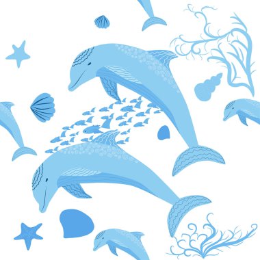 Yunus, deniz sakinleri kusursuz desen, deniz kabukları, algler, denizyıldızı, deniz yaban hayatı arasında güzel bir karakter..