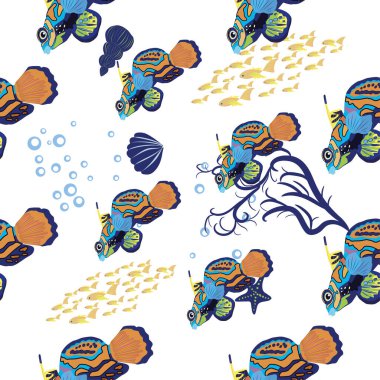 Mandarin balığının dikişsiz desenleri. Deniz kabukları, deniz yosunu, denizyıldızı, deniz hayvanı yaban hayatı karakteri arasında güzel bir karakter. Doğa su altında, deniz vahşi okyanus hayvanat bahçesi balıkları