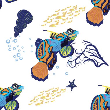 Mandarin balığının dikişsiz desenleri. Deniz kabukları, deniz yosunu, denizyıldızı, deniz hayvanı yaban hayatı karakteri arasında güzel bir karakter. Doğa su altında, deniz vahşi okyanus hayvanat bahçesi balıkları