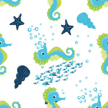 Deniz atı, deniz sakinleri kusursuz desen, deniz kabukları arasında güzel bir karakter, deniz yosunu, denizyıldızı, deniz yaban hayatı.