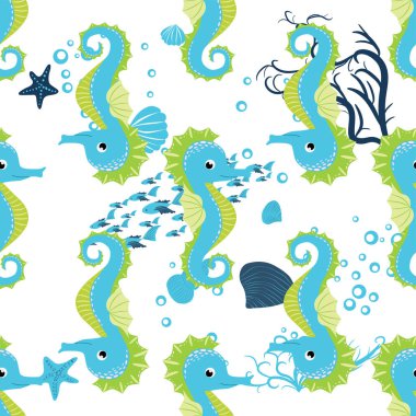 Deniz atı, deniz sakinleri kusursuz desen, deniz kabukları arasında güzel bir karakter, deniz yosunu, denizyıldızı, deniz yaban hayatı.