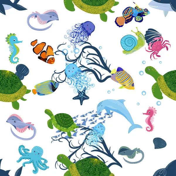 Deniz hayatı, balıklar, hayvanlar parlak, pürüzsüz desenler. Deniz yolculuğu, sualtı dalış yapan tropikal balıklar. Denizanası, balina, köpekbalığı, denizatı, palyaço balığı, yunus, kaplumbağa imparatoru balık ahtapot vatoz vatozu