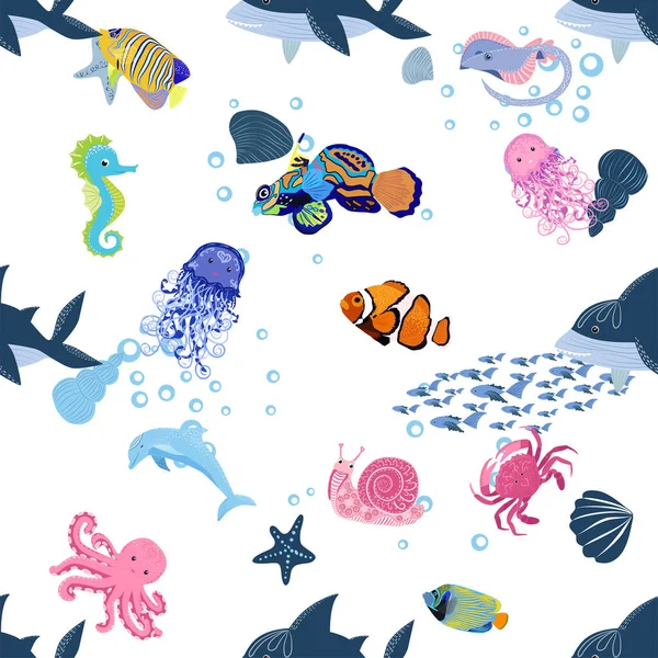 Vie Marine Poissons Animaux Motif Lumineux Sans Couture Voyage Mer — Image vectorielle