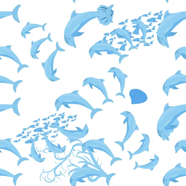 Дельфин Обитатели Моря Бесшовный Узор Красивый Характер Среди Раковин Водорослей — стоковый вектор