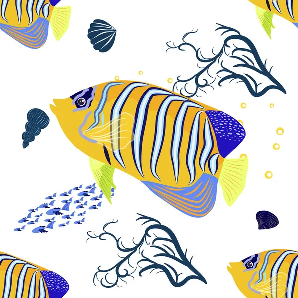 天皇的天使鱼 石榴帝王的无缝图案 海洋动物的野生动物特征 自然在水下 海洋野生动物园鱼 — 图库矢量图片