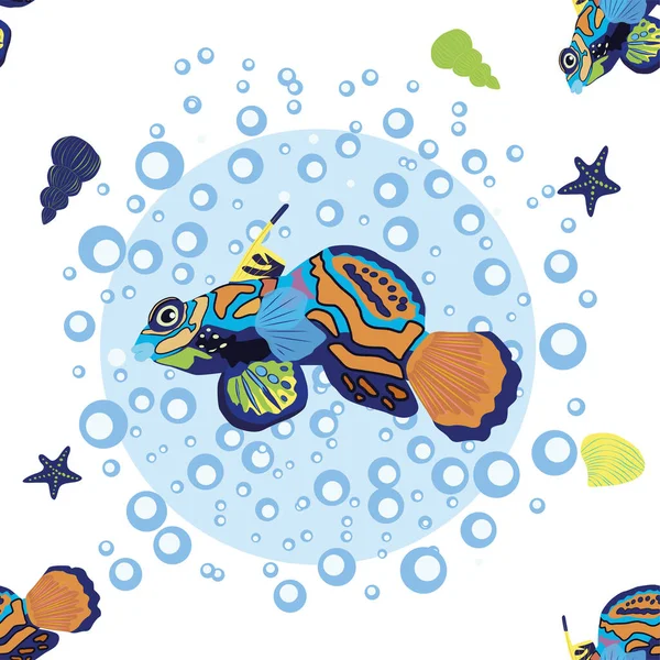 Mandarin Fisch Nahtlose Muster Schönen Charakter Zwischen Muscheln Algen Seesternen — Stockvektor