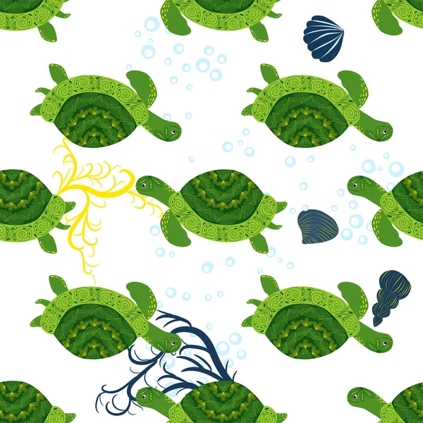 Żółw Zielony Bezszwowy Wzór Piękny Charakter Wśród Muszli Wodorosty Morskie — Wektor stockowy