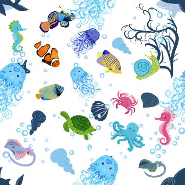 Deniz hayatı, balıklar, hayvanlar parlak, pürüzsüz desenler. Deniz yolculuğu, sualtı dalış yapan tropikal balıklar. Denizanası, balina, köpekbalığı, denizatı, palyaço balığı, yunus, kaplumbağa imparatoru balık ahtapot vatoz vatozu