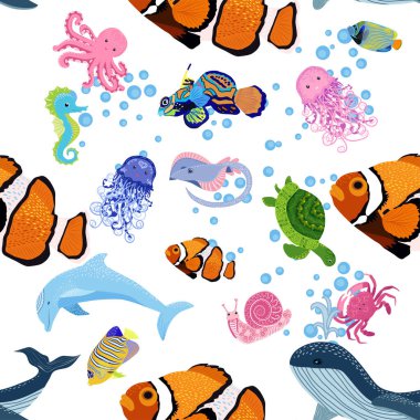 Deniz hayatı, balıklar, hayvanlar parlak, pürüzsüz desenler. Deniz yolculuğu, sualtı dalış yapan tropikal balıklar. Denizanası, balina, köpekbalığı, denizatı, palyaço balığı, yunus, kaplumbağa imparatoru balık ahtapot vatoz vatozu