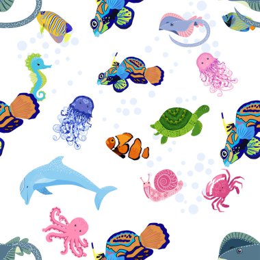 Deniz hayatı, balıklar, hayvanlar parlak, pürüzsüz desenler. Deniz yolculuğu, sualtı dalış yapan tropikal balıklar. Denizanası, balina, köpekbalığı, denizatı, palyaço balığı, yunus, kaplumbağa imparatoru balık ahtapot vatoz vatozu