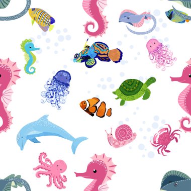 Deniz hayatı, balıklar, hayvanlar parlak, pürüzsüz desenler. Deniz yolculuğu, sualtı dalış yapan tropikal balıklar. Denizanası, balina, köpekbalığı, denizatı, palyaço balığı, yunus, kaplumbağa imparatoru balık ahtapot vatoz vatozu