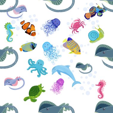 Deniz hayatı, balıklar, hayvanlar parlak, pürüzsüz desenler. Deniz yolculuğu, sualtı dalış yapan tropikal balıklar. Denizanası, balina, köpekbalığı, denizatı, palyaço balığı, yunus, kaplumbağa imparatoru balık ahtapot vatoz vatozu