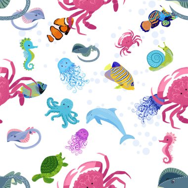 Deniz hayatı, balıklar, hayvanlar parlak, pürüzsüz desenler. Deniz yolculuğu, sualtı dalış yapan tropikal balıklar. Denizanası, balina, köpekbalığı, denizatı, palyaço balığı, yunus, kaplumbağa imparatoru balık ahtapot vatoz vatozu