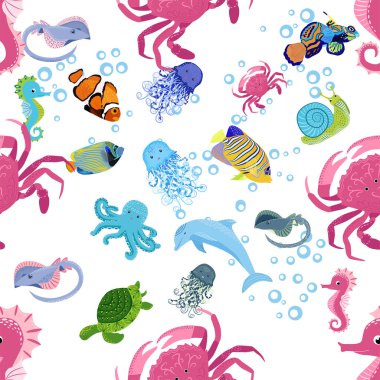 Deniz hayatı, balıklar, hayvanlar parlak, pürüzsüz desenler. Deniz yolculuğu, sualtı dalış yapan tropikal balıklar. Denizanası, balina, köpekbalığı, denizatı, palyaço balığı, yunus, kaplumbağa imparatoru balık ahtapot vatoz vatozu