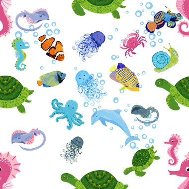 Deniz hayatı, balıklar, hayvanlar parlak, pürüzsüz desenler. Deniz yolculuğu, sualtı dalış yapan tropikal balıklar. Denizanası, balina, köpekbalığı, denizatı, palyaço balığı, yunus, kaplumbağa imparatoru balık ahtapot vatoz vatozu