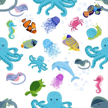 Deniz hayatı, balıklar, hayvanlar parlak, pürüzsüz desenler. Deniz yolculuğu, sualtı dalış yapan tropikal balıklar. Denizanası, balina, köpekbalığı, denizatı, palyaço balığı, yunus, kaplumbağa imparatoru balık ahtapot vatoz vatozu