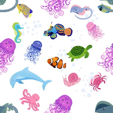 Deniz hayatı, balıklar, hayvanlar parlak, pürüzsüz desenler. Deniz yolculuğu, sualtı dalış yapan tropikal balıklar. Denizanası, balina, köpekbalığı, denizatı, palyaço balığı, yunus, kaplumbağa imparatoru balık ahtapot vatoz vatozu