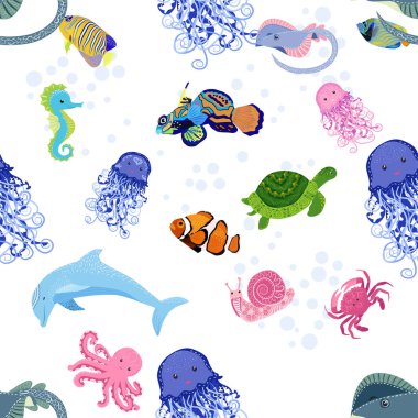 Deniz hayatı, balıklar, hayvanlar parlak, pürüzsüz desenler. Deniz yolculuğu, sualtı dalış yapan tropikal balıklar. Denizanası, balina, köpekbalığı, denizatı, palyaço balığı, yunus, kaplumbağa imparatoru balık ahtapot vatoz vatozu