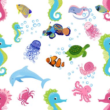 Deniz hayatı, balıklar, hayvanlar parlak, pürüzsüz desenler. Deniz yolculuğu, sualtı dalış yapan tropikal balıklar. Denizanası, balina, köpekbalığı, denizatı, palyaço balığı, yunus, kaplumbağa imparatoru balık ahtapot vatoz vatozu